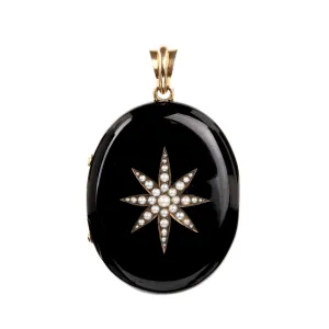 Victorian Era Black Enamel and Pearl Starburst Locket