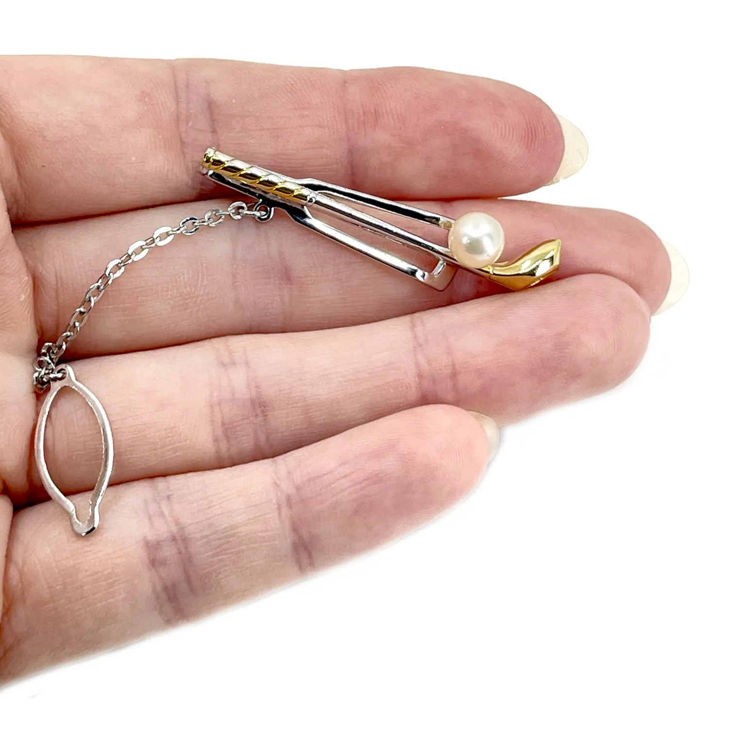 Vintage Golf Club Takashima Mid Century Modern Men's Japanese Saltwater Akoya Cultured Pearl Tie Bar- Sterling Silver
